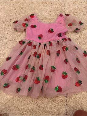 Lola + The Boys Pink Tulle Dress with Red Strawberry Appliqués